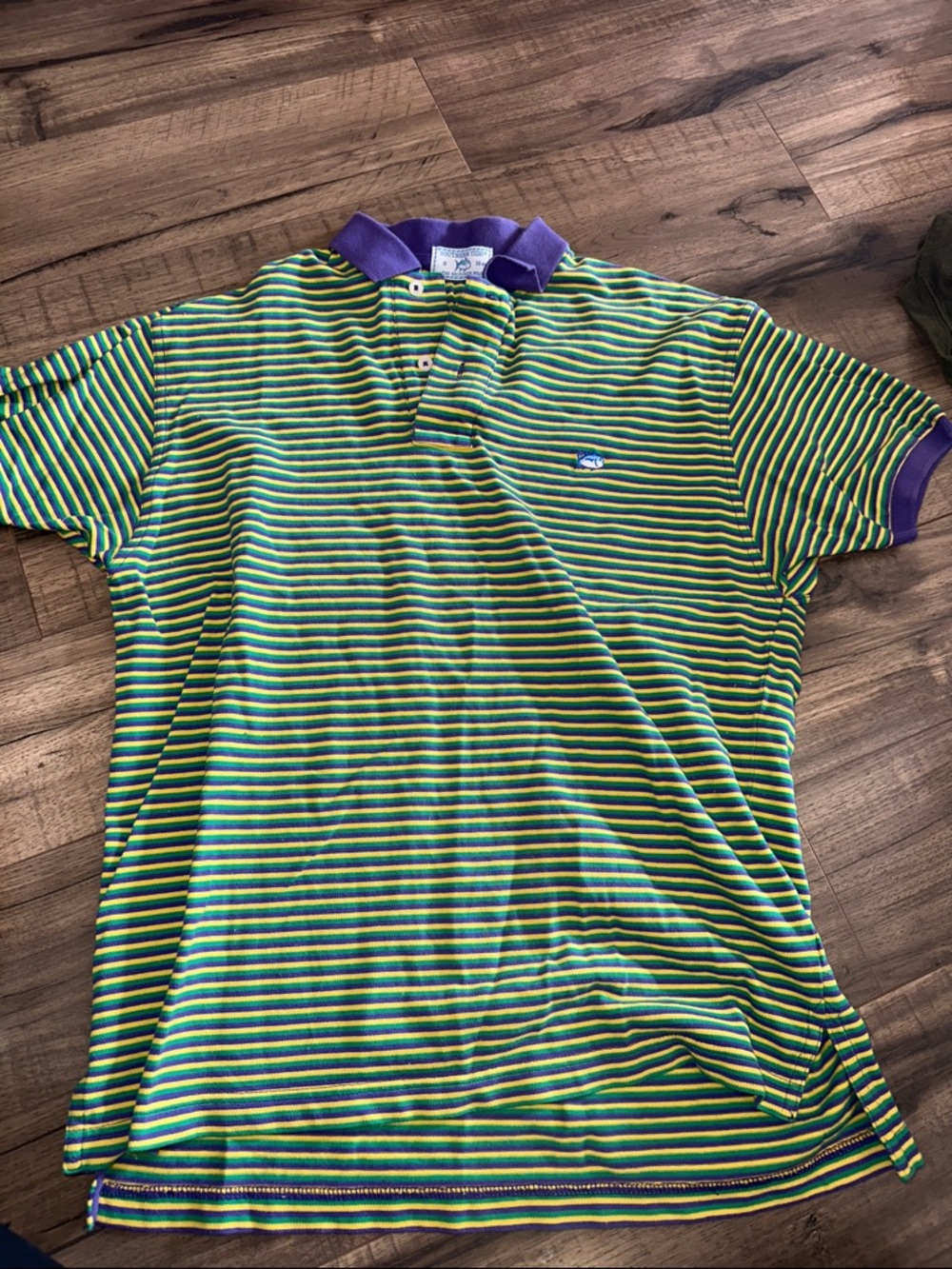 Southern Tide Mardi Gras Green, Gold & Purple Striped Polo